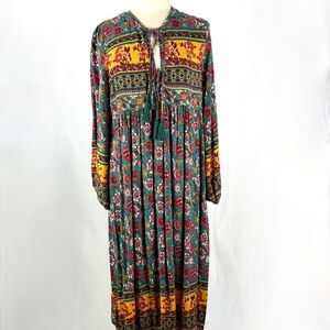 R Vivimos Women L Boho Dress 12/14 Festival Floral Hippie Retro V Neck Tassel